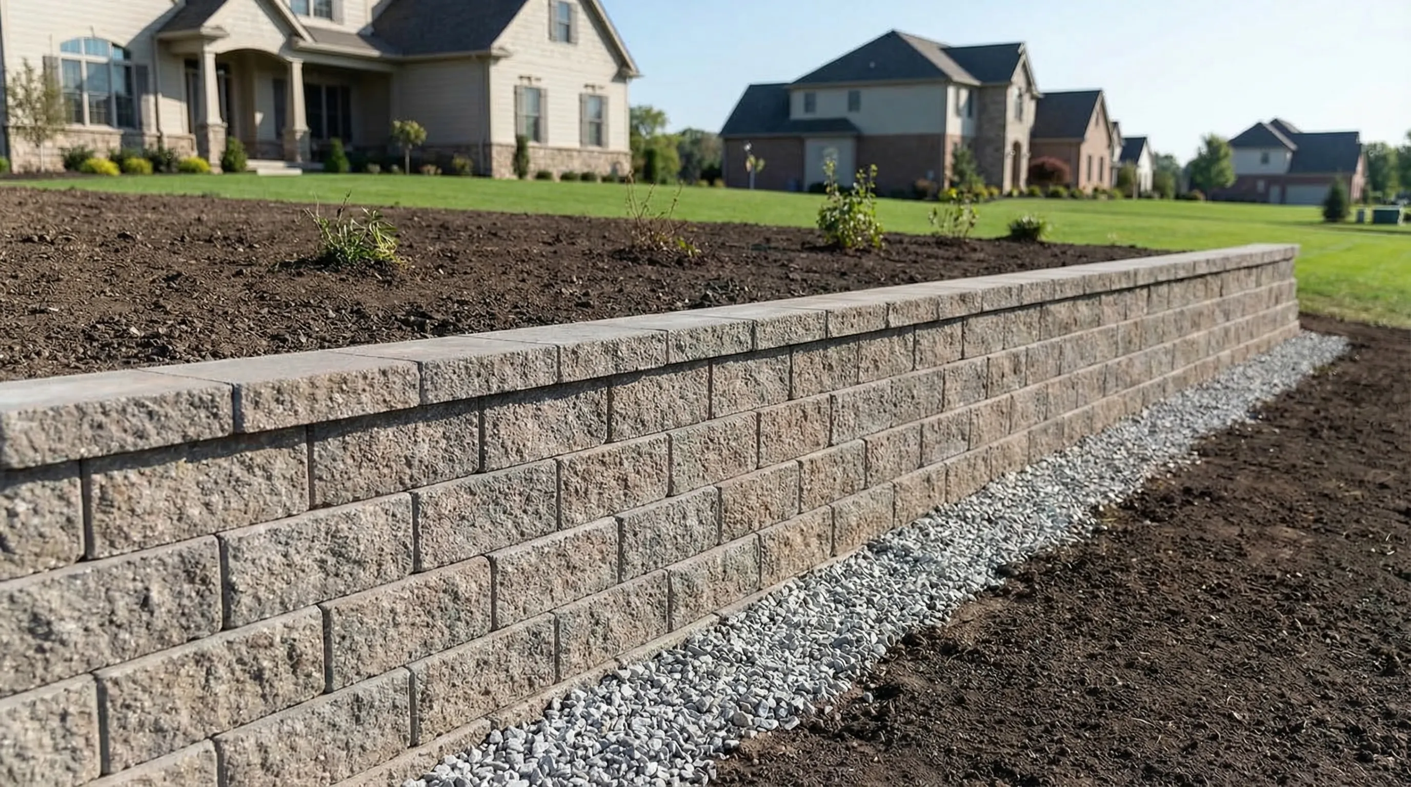 Engineered concrete block retaining wall under construction in Utah with proper backfill and drainage