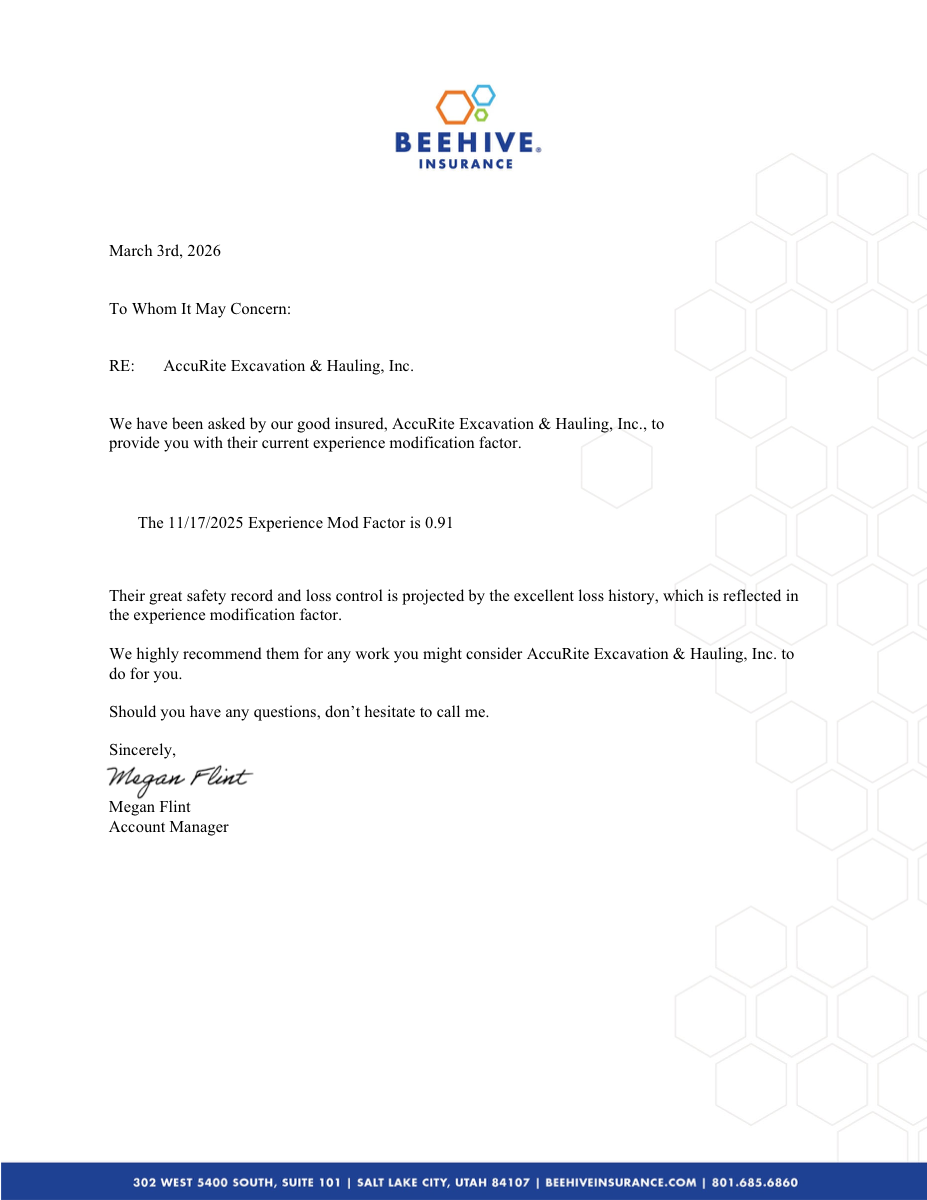 AccuRite Excavation EMOD letter from Beehive Insurance confirming 0.91 Experience Modification Rate