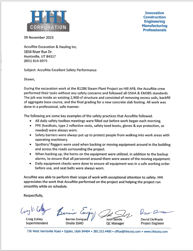 Letter from HHI Corporation recognizing AccuRite Excavation's safety performance on the B1286 Steam Plant Project at Hill Air Force Base