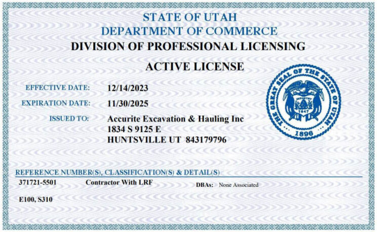 AccuRite Excavation's official E100 and S310 licenses issued by the State of Utah, symbolizing their certified expertise in general engineering and excavation services.
